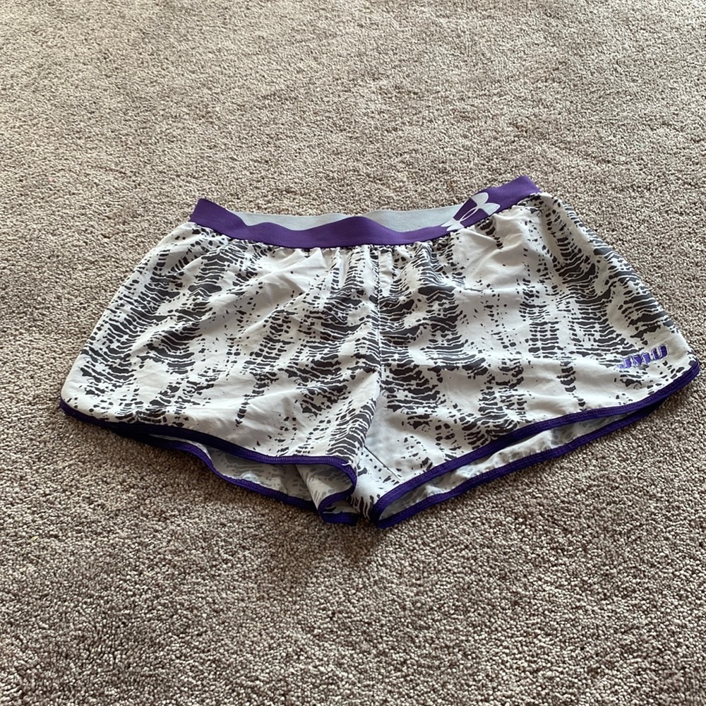 Under Armour Printed Running Shorts SIZE M Purple White Athletic Semi Fitted